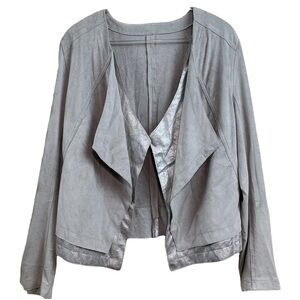 Lysse Faux Suede Metallic Draped Layered Open Jacket Gray Silver Size Small
